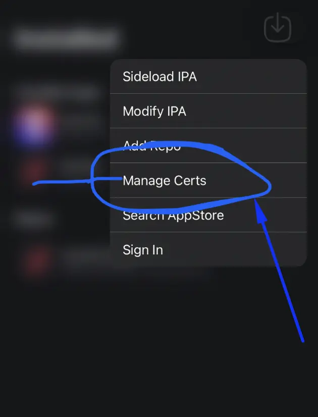 Choose the Manage Certs option from the pop-up menu